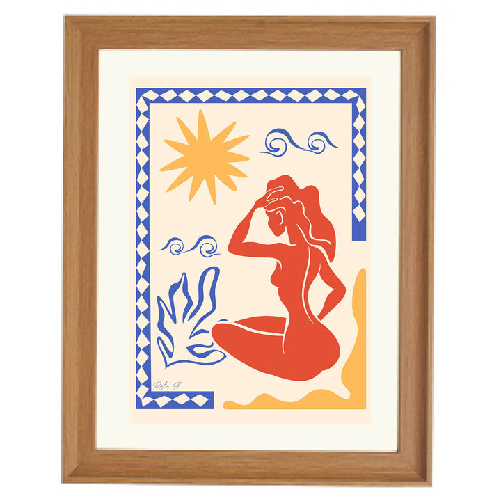 Mediterranean wall art, bohemian sun print, coastal chic decor, terracotta and blue art, abstract female silhouette, summer beach vibe art