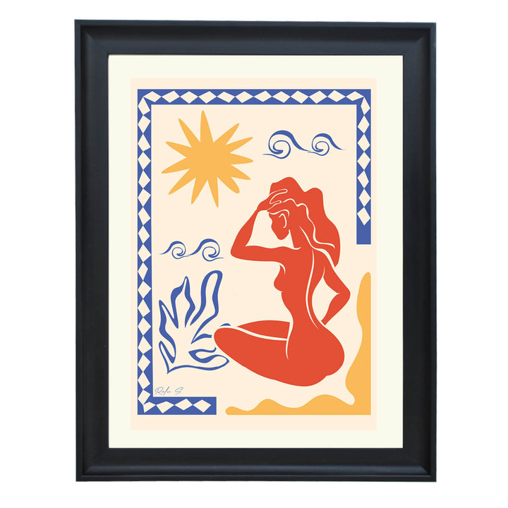 Mediterranean wall art, bohemian sun print, coastal chic decor, terracotta and blue art, abstract female silhouette, summer beach vibe art