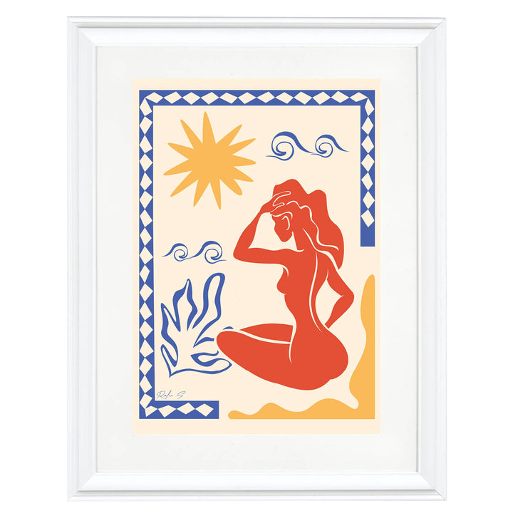 Mediterranean wall art, bohemian sun print, coastal chic decor, terracotta and blue art, abstract female silhouette, summer beach vibe art