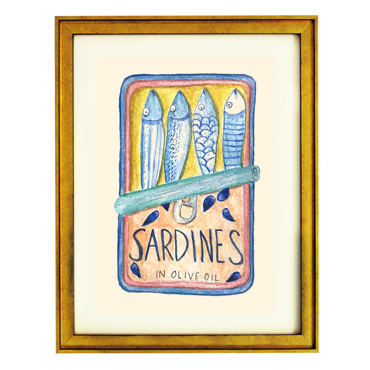 sardine tin art print, watercolor kitchen wall art, coastal dining room decor, Mediterranean food illustration, quirky kitchen print, seafood art