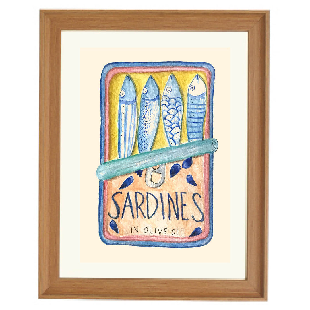 sardine tin art print, watercolor kitchen wall art, coastal dining room decor, Mediterranean food illustration, quirky kitchen print, seafood art
