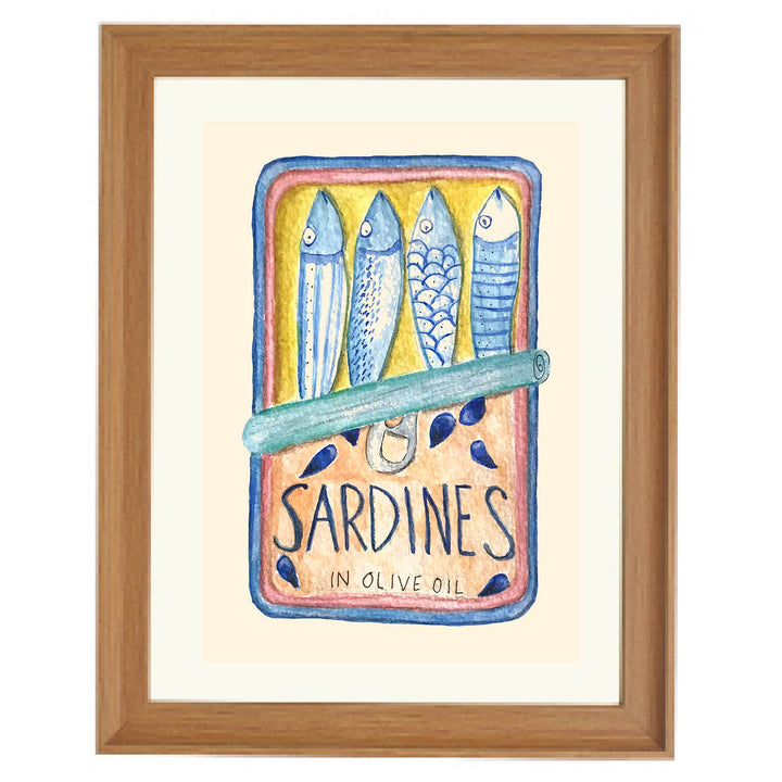 sardine tin art print, watercolor kitchen wall art, coastal dining room decor, Mediterranean food illustration, quirky kitchen print, seafood art
