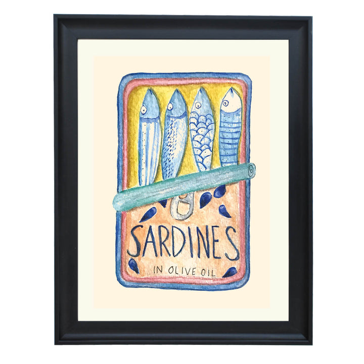 sardine tin art print, watercolor kitchen wall art, coastal dining room decor, Mediterranean food illustration, quirky kitchen print, seafood art
