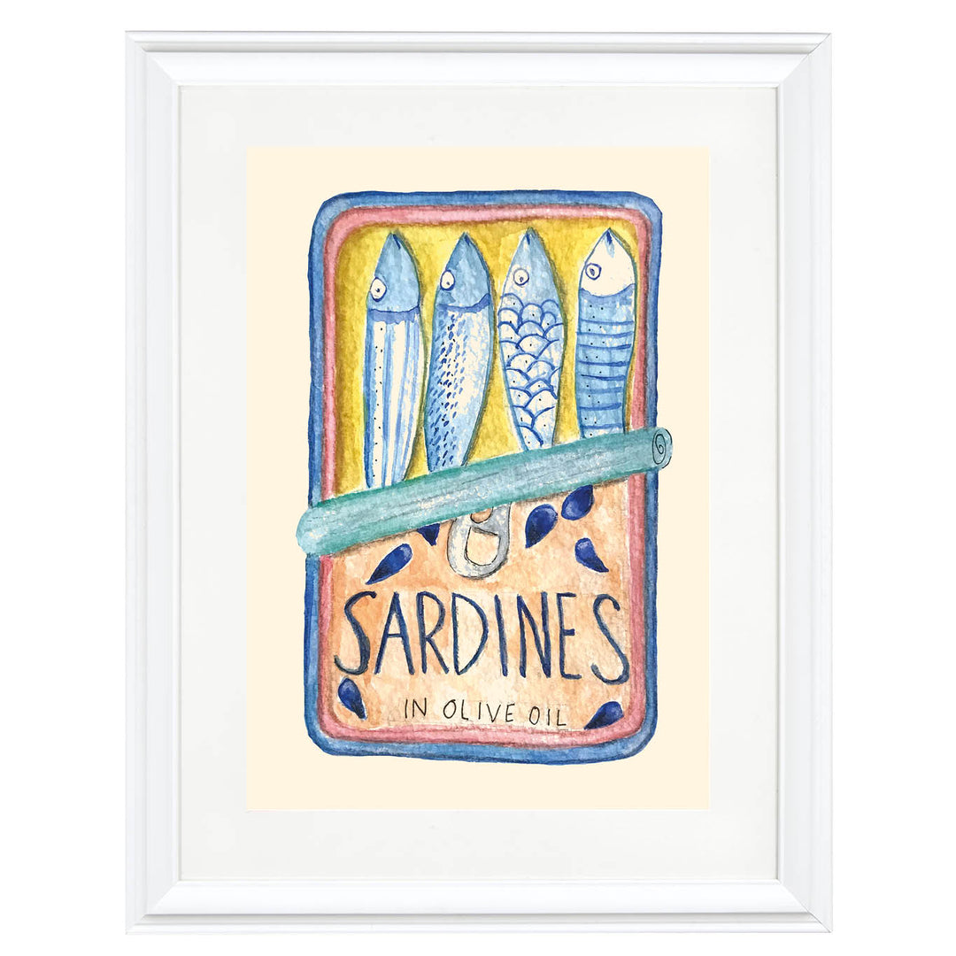 sardine tin art print, watercolor kitchen wall art, coastal dining room decor, Mediterranean food illustration, quirky kitchen print, seafood art