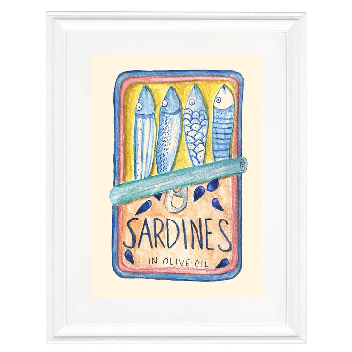 sardine tin art print, watercolor kitchen wall art, coastal dining room decor, Mediterranean food illustration, quirky kitchen print, seafood art