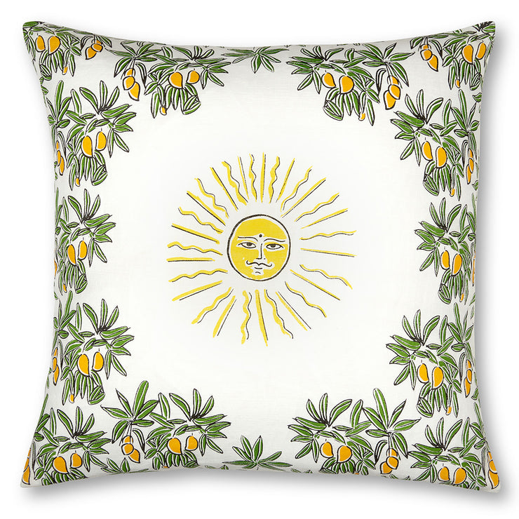 Smirking sun and mango grove cushion cover