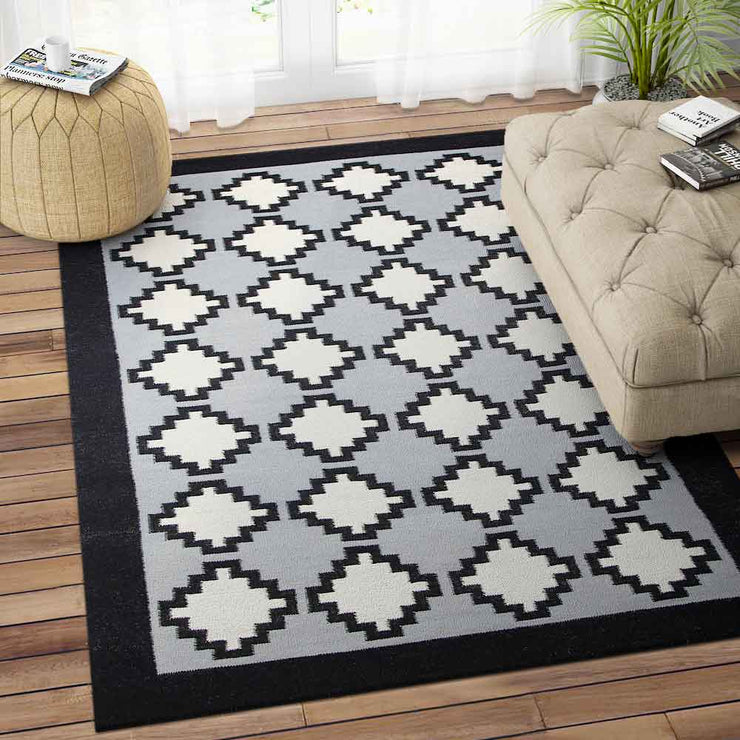 GREY AND BLACK AZTEC HAND WOVEN KILIM DHURRIE