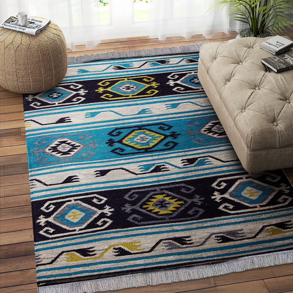 BLUE GREY KILIM HAND WOVEN DHURRIE