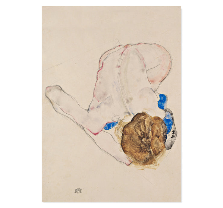 Nude with Blue Stockings Bending Forward - Egon Schiele art print
