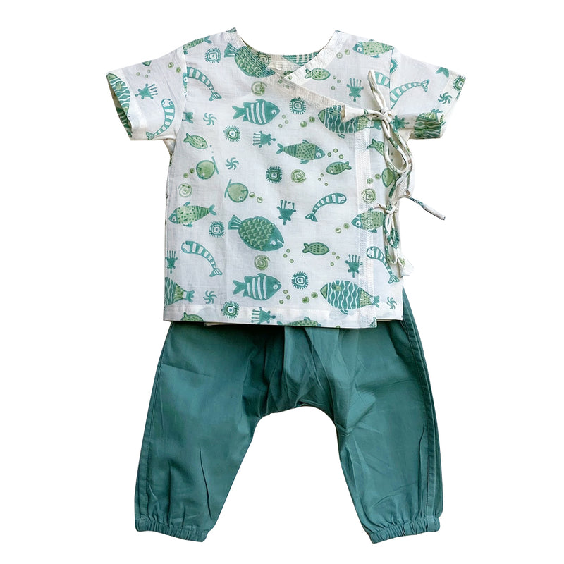 UNISEX FISH PRINT ANGARAKHA TOP WITH MINT GREEN PYJAMA PANTS