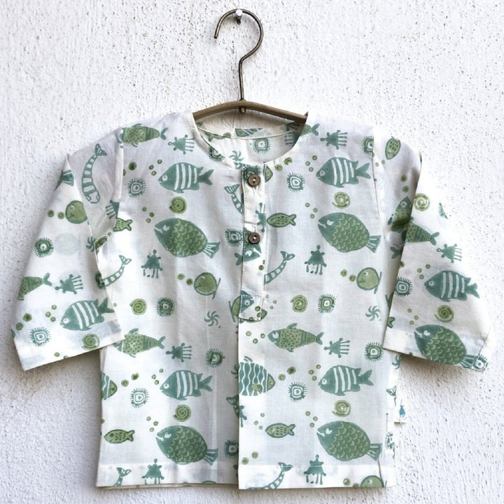 UNISEX FISH PRINT KURTA WITH MINT GREEN PYJAMA PANTS