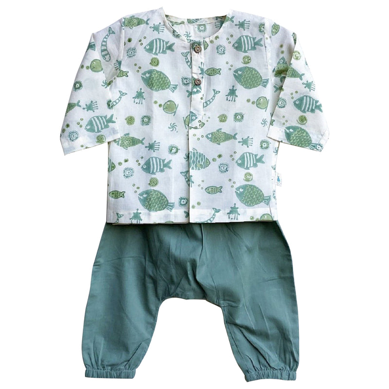 UNISEX FISH PRINT KURTA WITH MINT GREEN PYJAMA PANTS