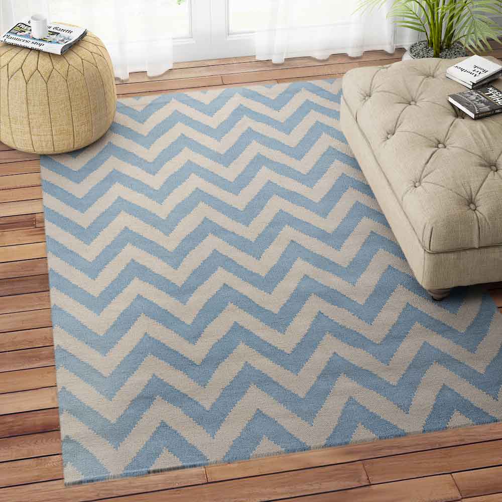 POWDER BLUE CHEVRON HAND WOVEN DHURRIE