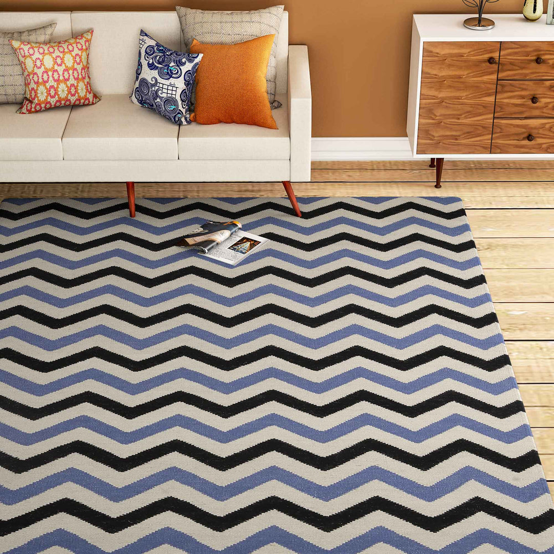 BLUE BLACK CHEVRON HAND WOVEN DHURRIE