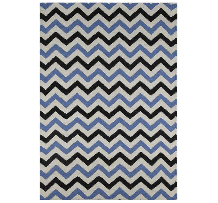 BLUE BLACK CHEVRON HAND WOVEN DHURRIE