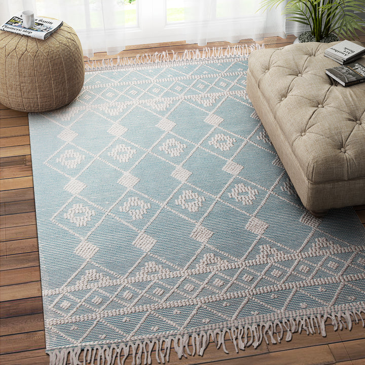 IVORY AND BLUE KILIM HAND WOVEN DHURRIE