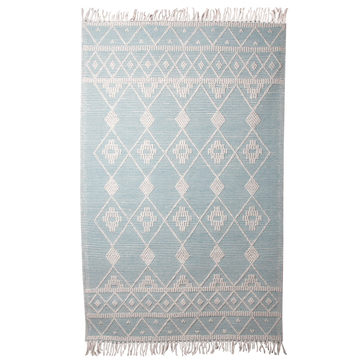 IVORY AND BLUE KILIM HAND WOVEN DHURRIE