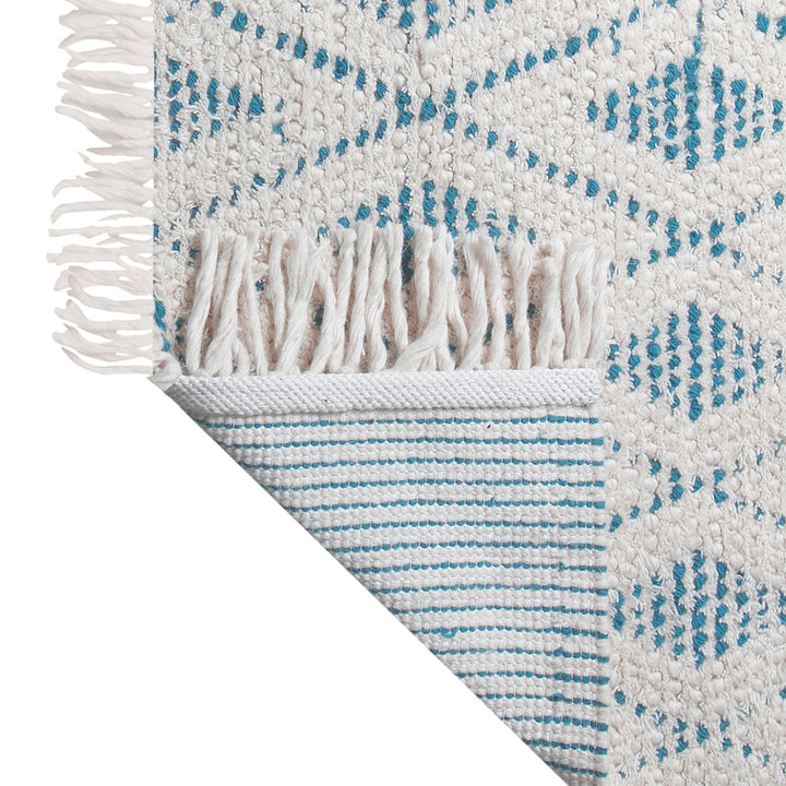 IVORY AND BLUE KILIM HAND WOVEN DHURRIE