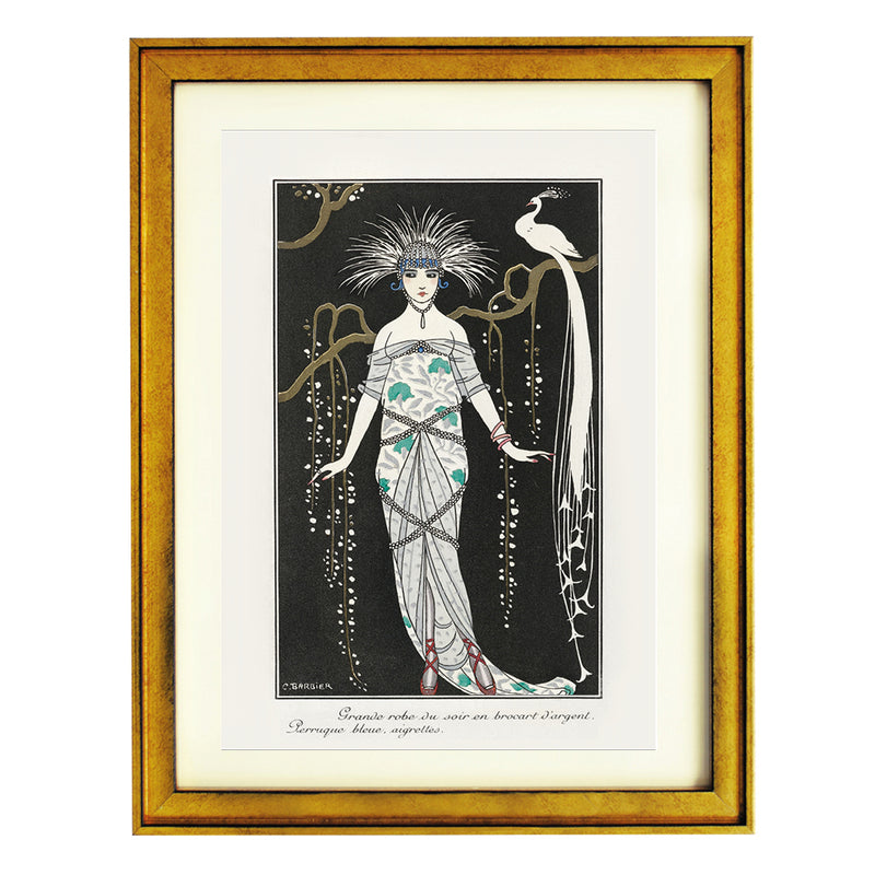 Grande robe du soir en brocart D' argent. Perruque bleue, aigrettes. by George Barbier ART PRINT