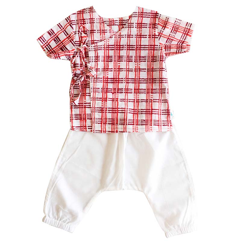 UNISEX ORGANIC CHECKS PRINT ANGARAKHA TOP + WHITE PANTS