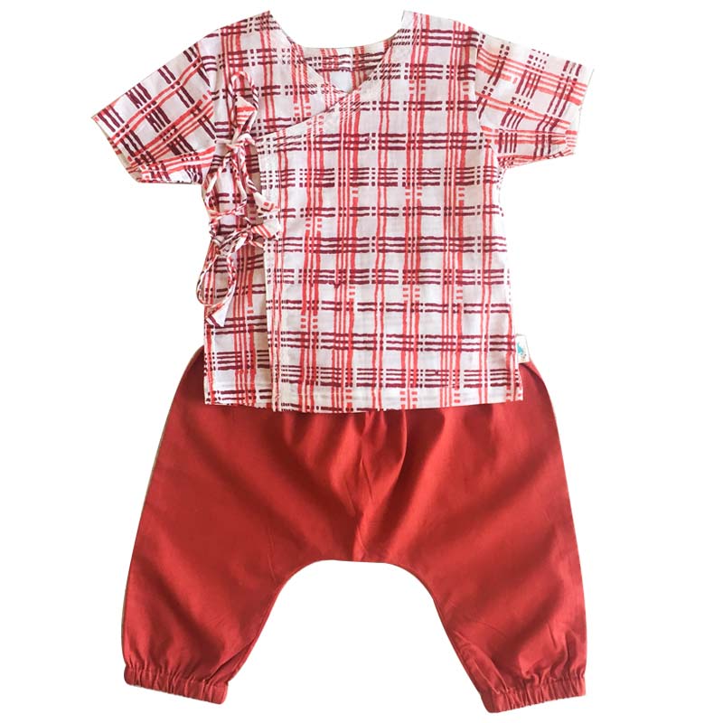 UNISEX ORGANIC CHECKS PRINT ANGARAKHA TOP + RED PANTS