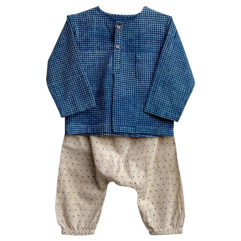 UNISEX ORGANIC ZOO BAG - INDIGO CHECK KURTA + INDIGO RAIDANA KURTA + RAIDANA PANTS