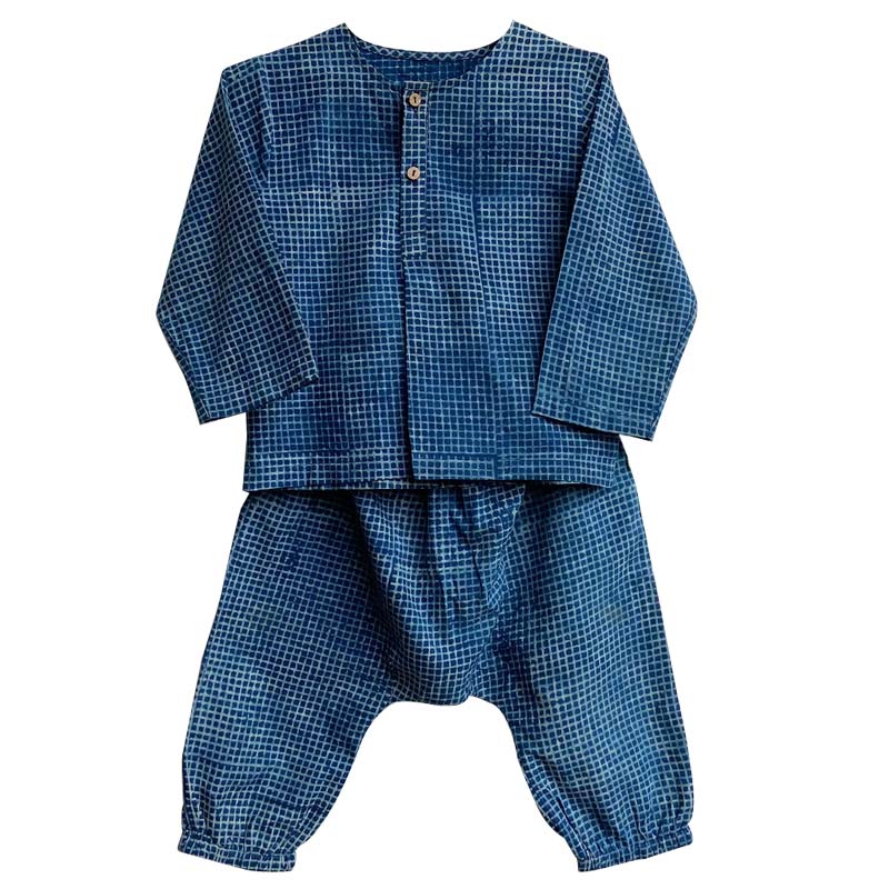 UNISEX ORGANIC INDIGO CHECK KURTA + MATCHING PANTS