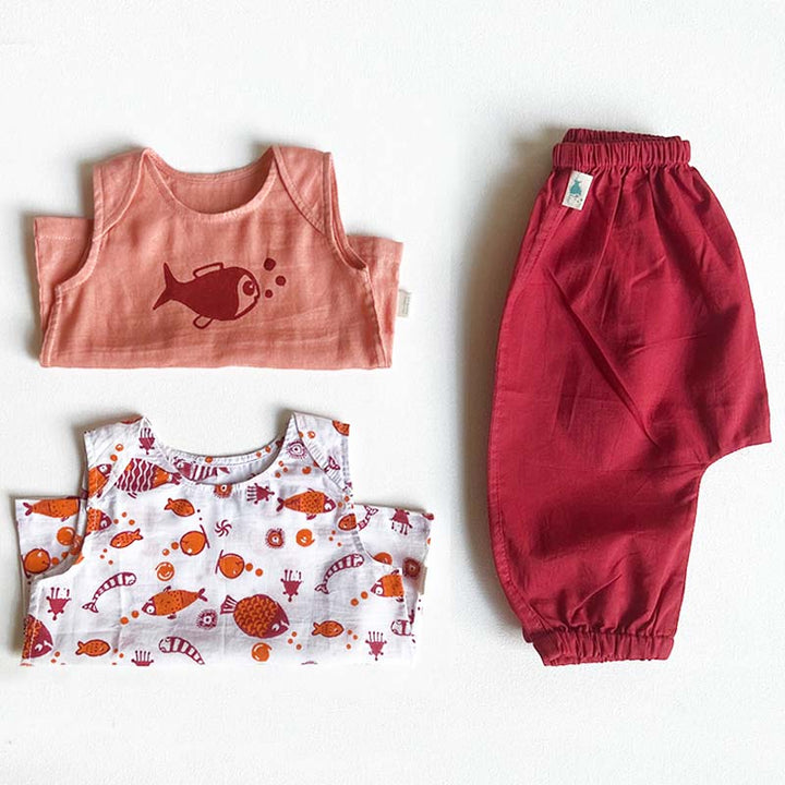 UNISEX ORGANIC KOI JHABLA PJ BAG - KOI RED JHABLA + PEACH JHABLA WITH RED PANTS