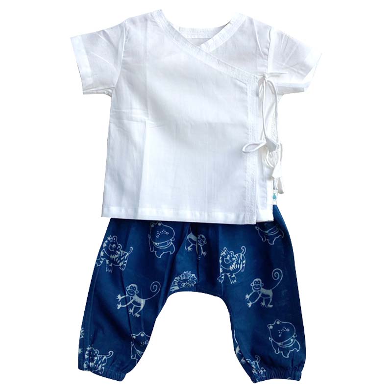 UNISEX ORGANIC WHITE ANGRAKHA TOP+ZOO PRINT INDIGO PANTS