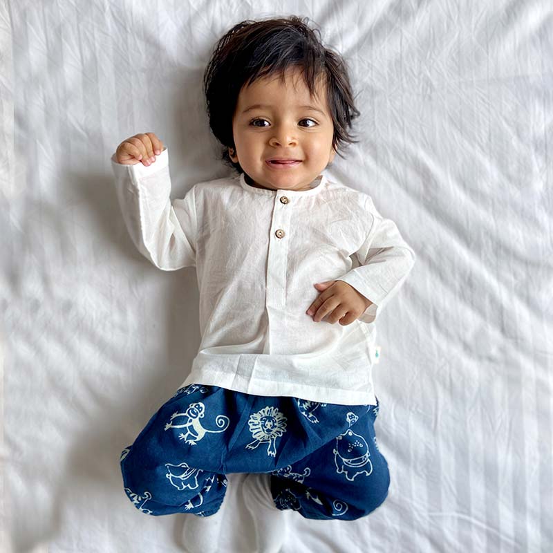 UNISEX ORGANIC WHITE KURTA + ZOO PRINT INDIGO PANTS