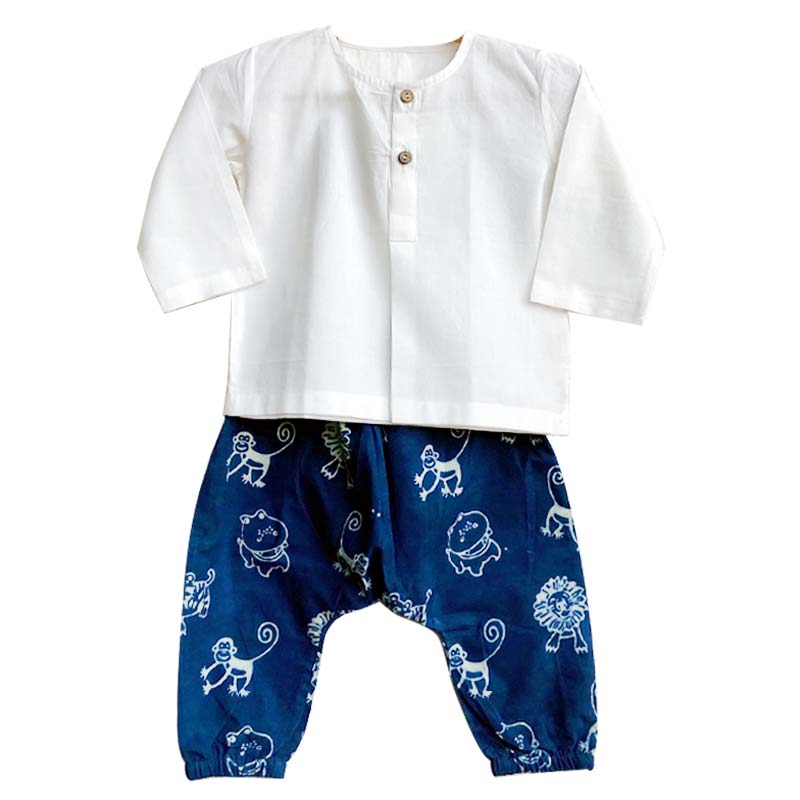 UNISEX ORGANIC WHITE KURTA + ZOO PRINT INDIGO PANTS