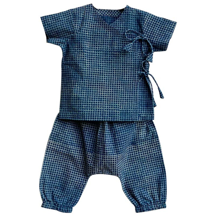 UNISEX ORGANIC ZOO BAG - YELLOW JHABLA + INDIGO CHECK ANGARAKHA + PANTS