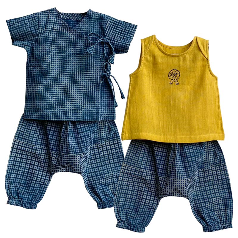 UNISEX ORGANIC ZOO BAG - YELLOW JHABLA + INDIGO CHECK ANGARAKHA + PANTS