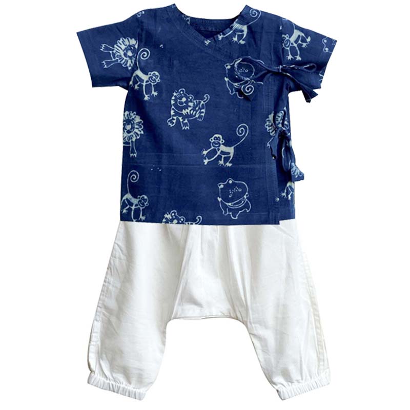 UNISEX ORGANIC ZOO PRINT INDIGO ANGARAKHA TOP + WHITE PANTS