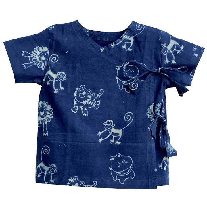 UNISEX ORGANIC ZOO PRINT INDIGO ANGARAKHA TOP + WHITE PANTS