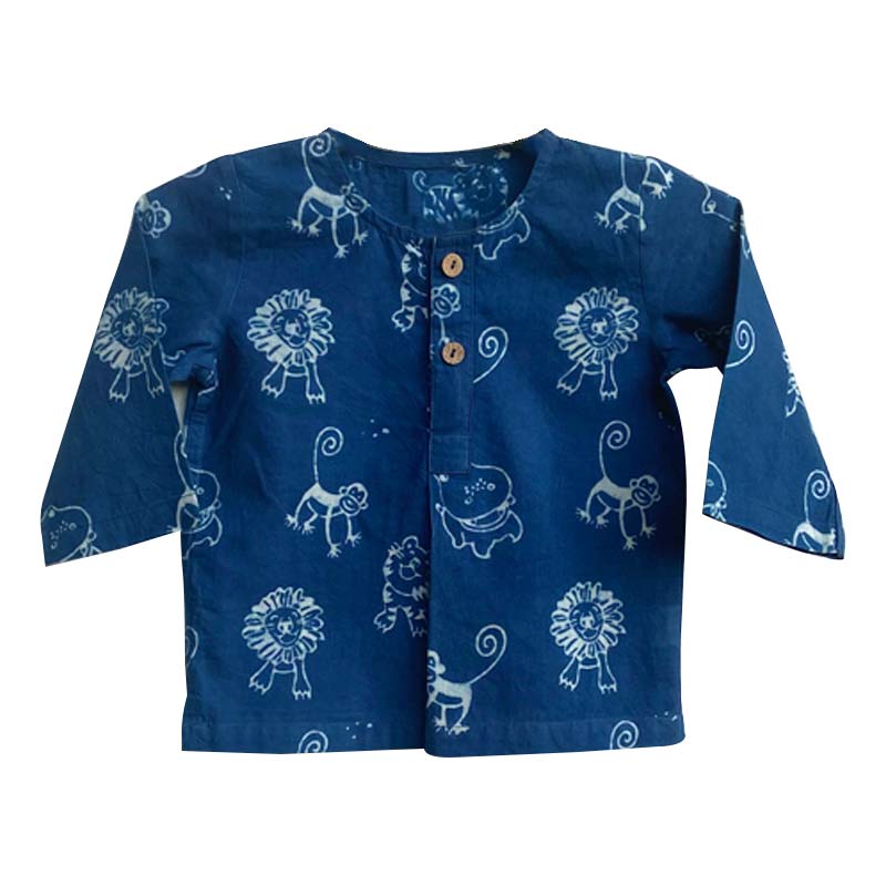 UNISEX ORGANIC ZOO PRINT INDIGO KURTA + WHITE PANTS