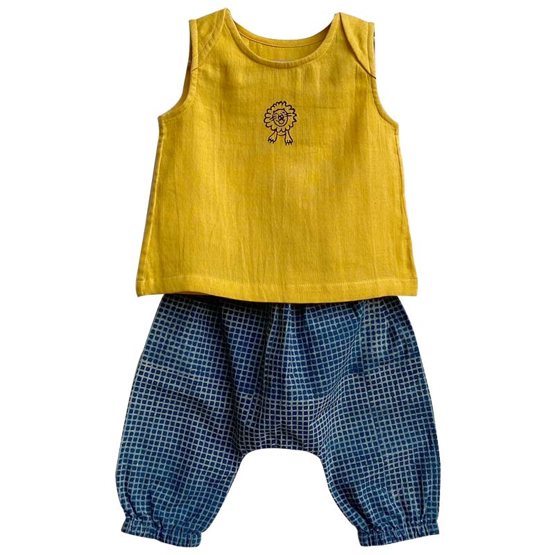 UNISEX ORGANIC ZOO YELLOW JHABLA WITH INDIGO CHECK PANTS