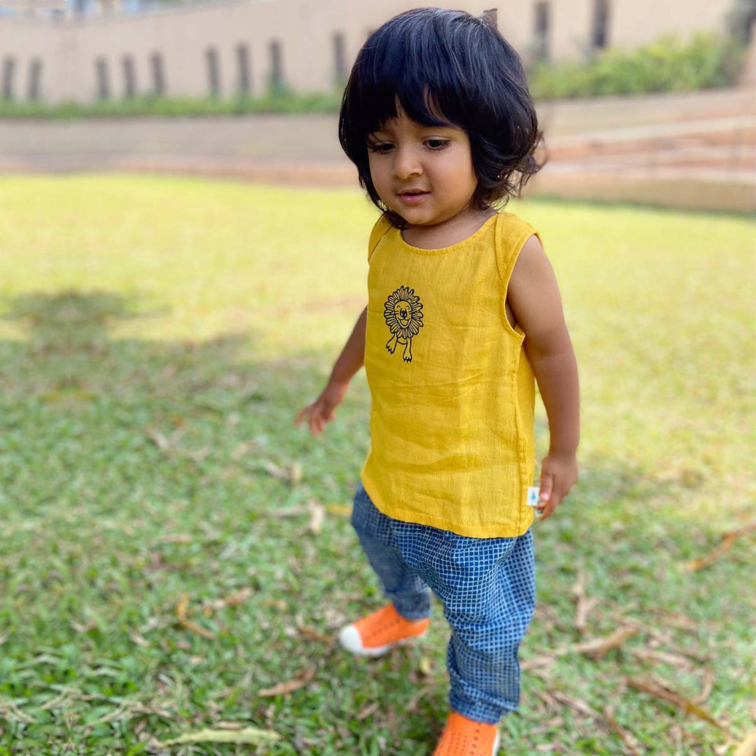 UNISEX ORGANIC ZOO YELLOW JHABLA WITH INDIGO CHECK PANTS