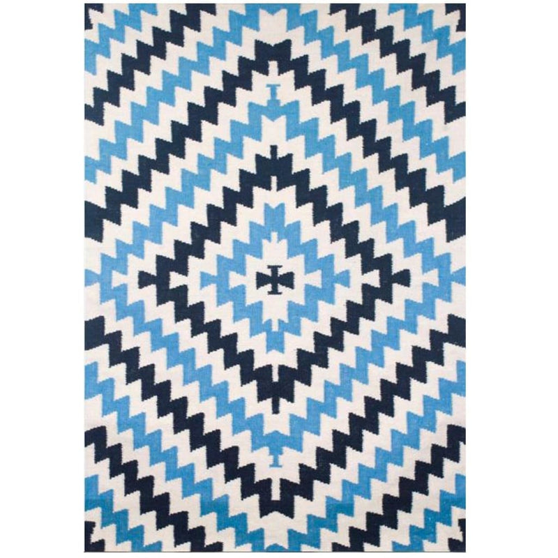 IVORY BLUE AZTEC HAND-WOVEN KILIM DHURRIE